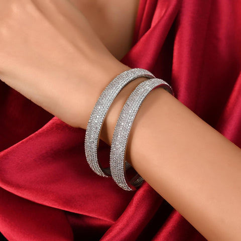 Silver Plated White Curved CZ American Diamond Bangle Set