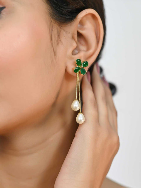 Gold Plated CZ Floral and Pearl Drop Removable Dangle Drop Earring