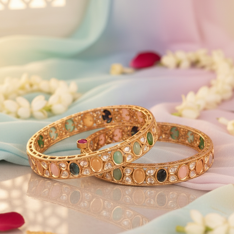 Kundan Diamond CZ Multi Gold Finish Openable Kada Bangles
