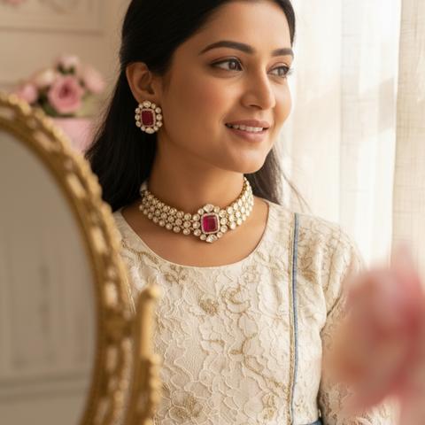 Gold Plated Green & Red  Kundan CZ Choker Chic Wedding Necklace Set With Earring