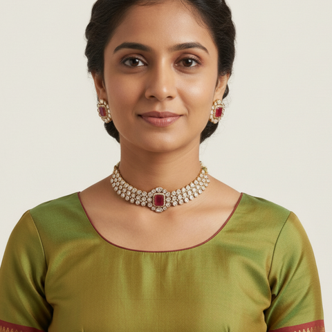 Gold Plated Green & Red  Kundan CZ Choker Chic Wedding Necklace Set With Earring