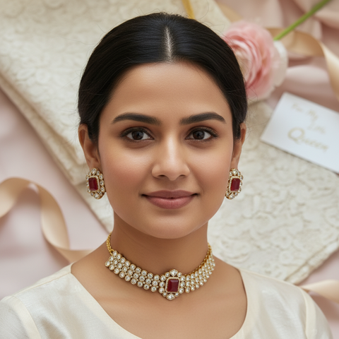 Gold Plated Green & Red  Kundan CZ Choker Chic Wedding Necklace Set With Earring